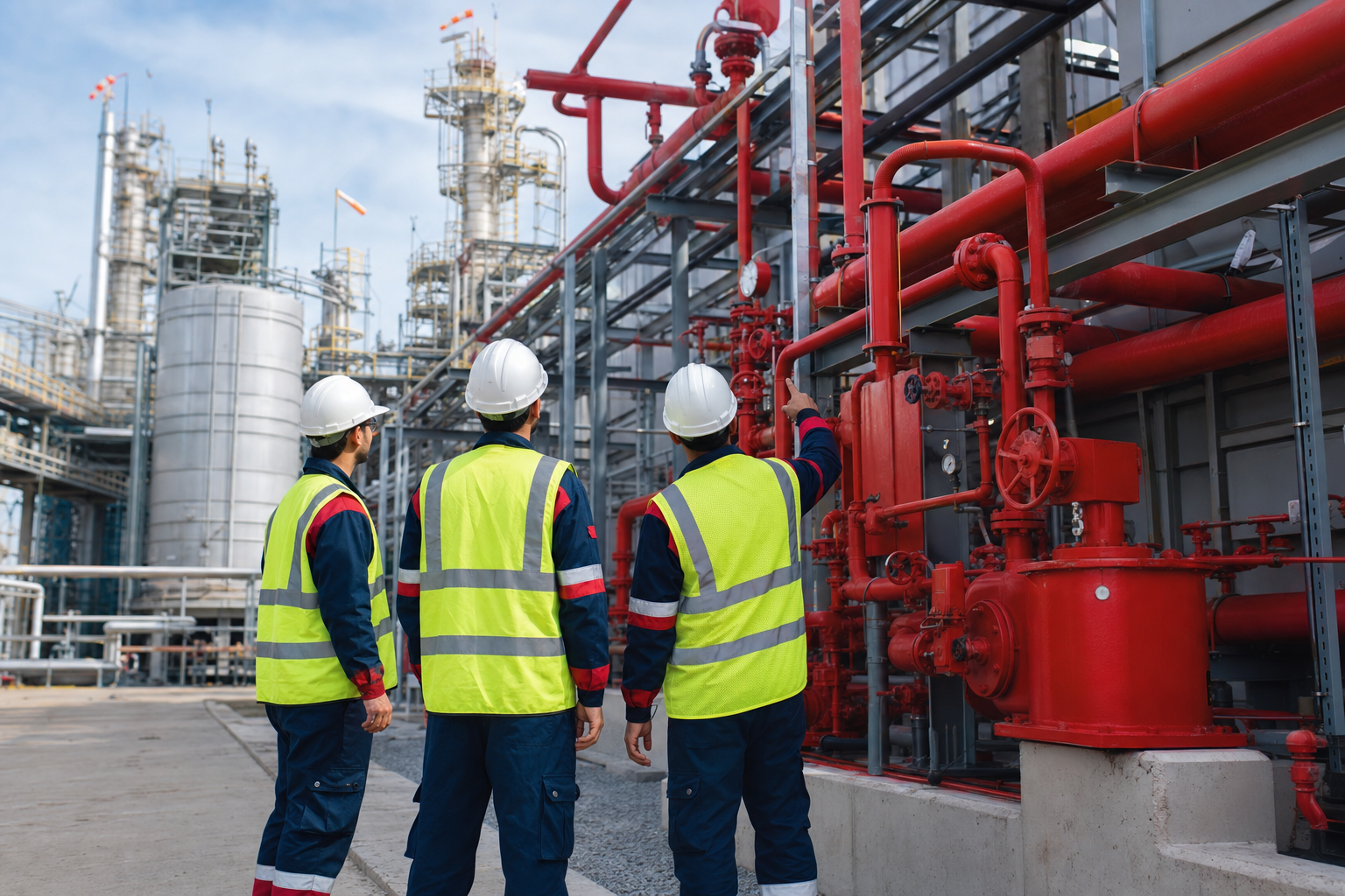 Indriya Engineering team inspecting fire protection piping at an industrial site