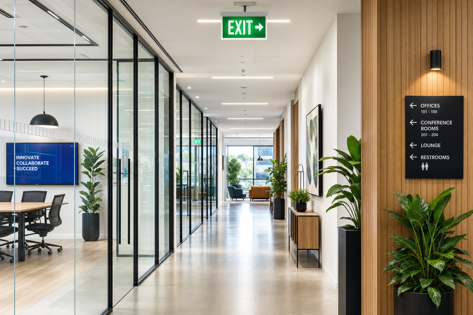 Modern office hallway with fire alarm systems