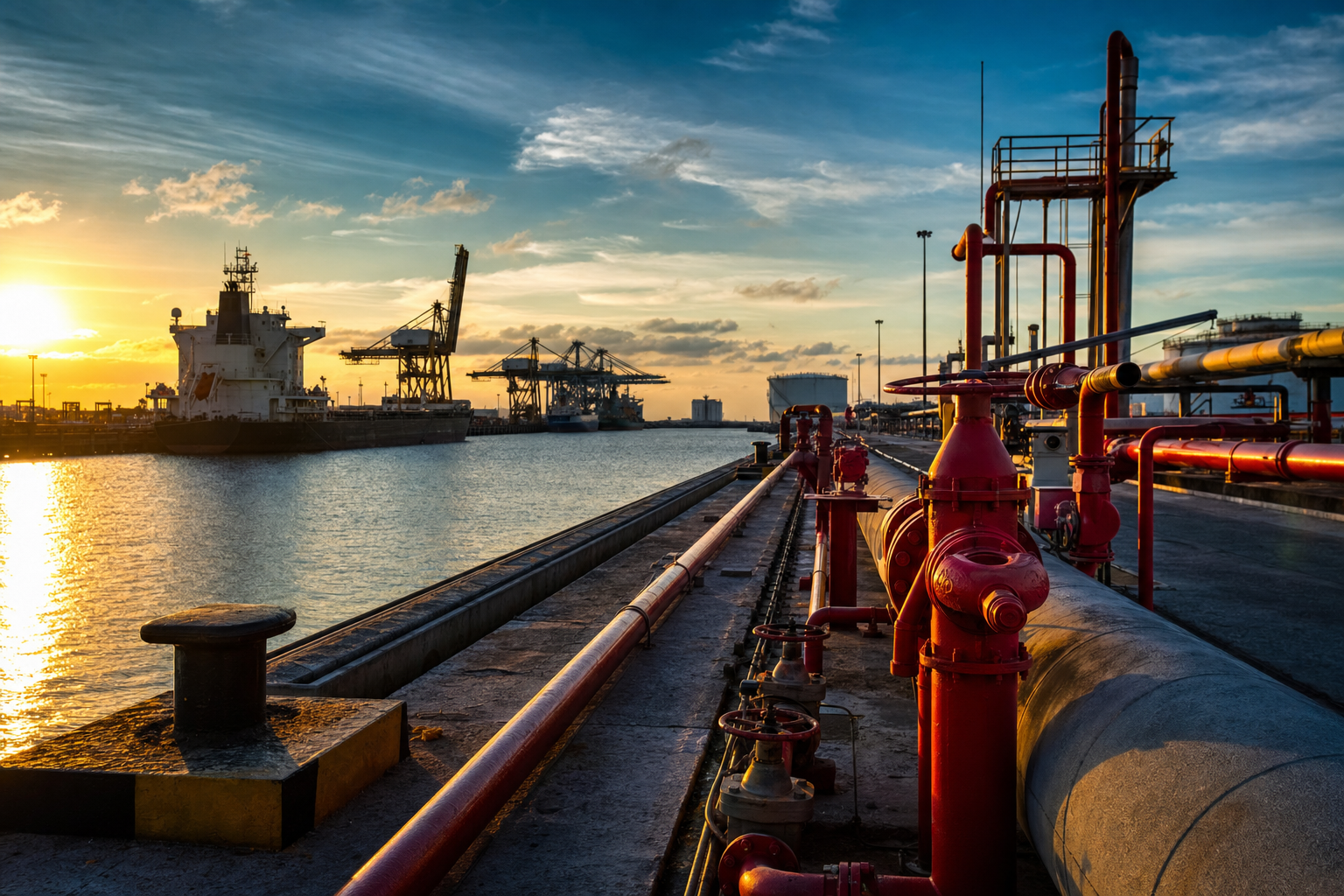 Ship at jetty at sunset