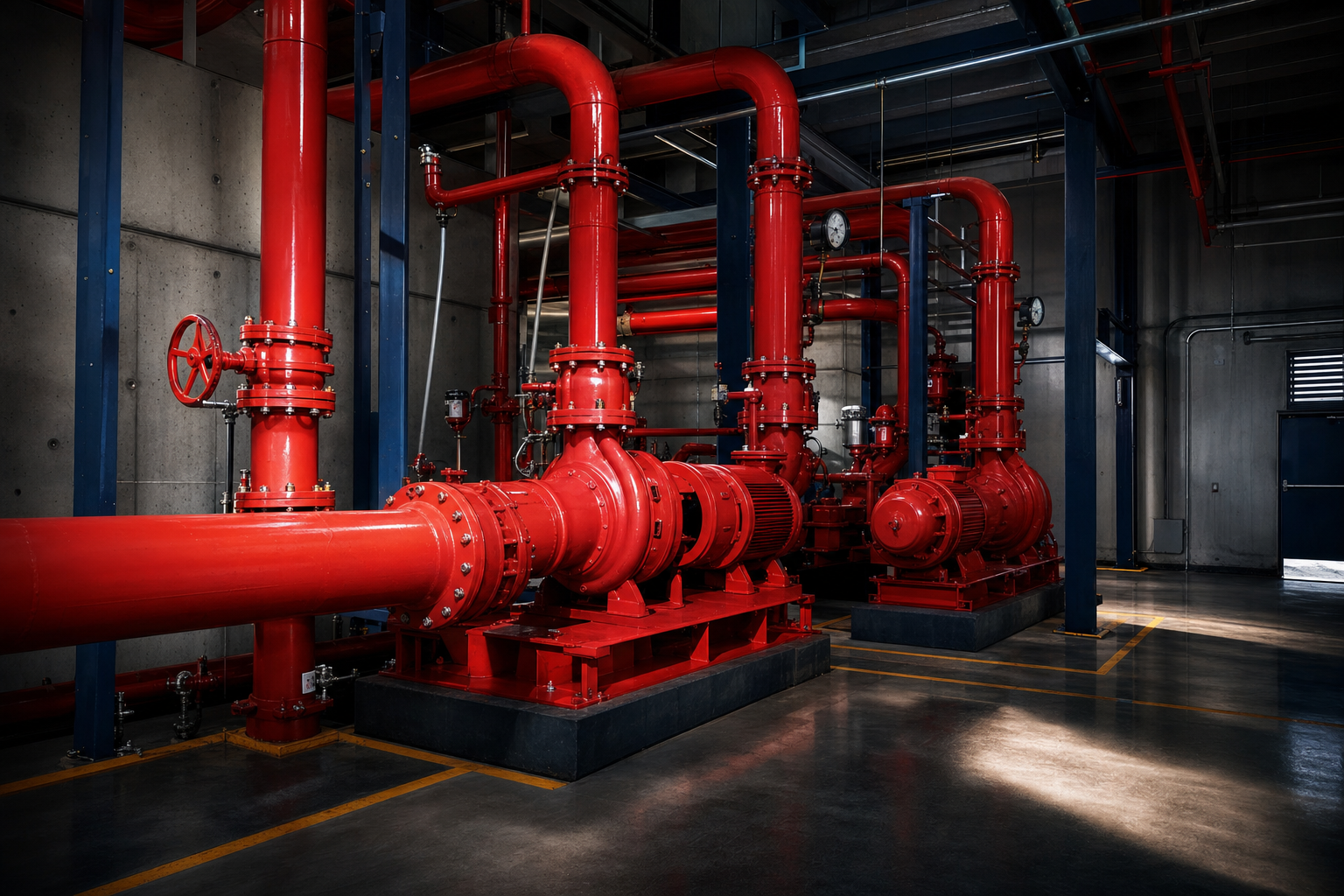 Industrial fire pump room with red fire protection pipes and pumps