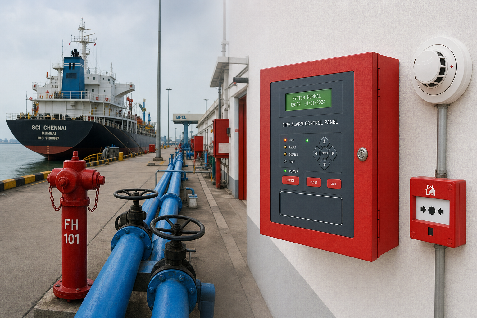 Amba Jetty at Ernakulam with fire hydrant pipeline and fire alarm control panel