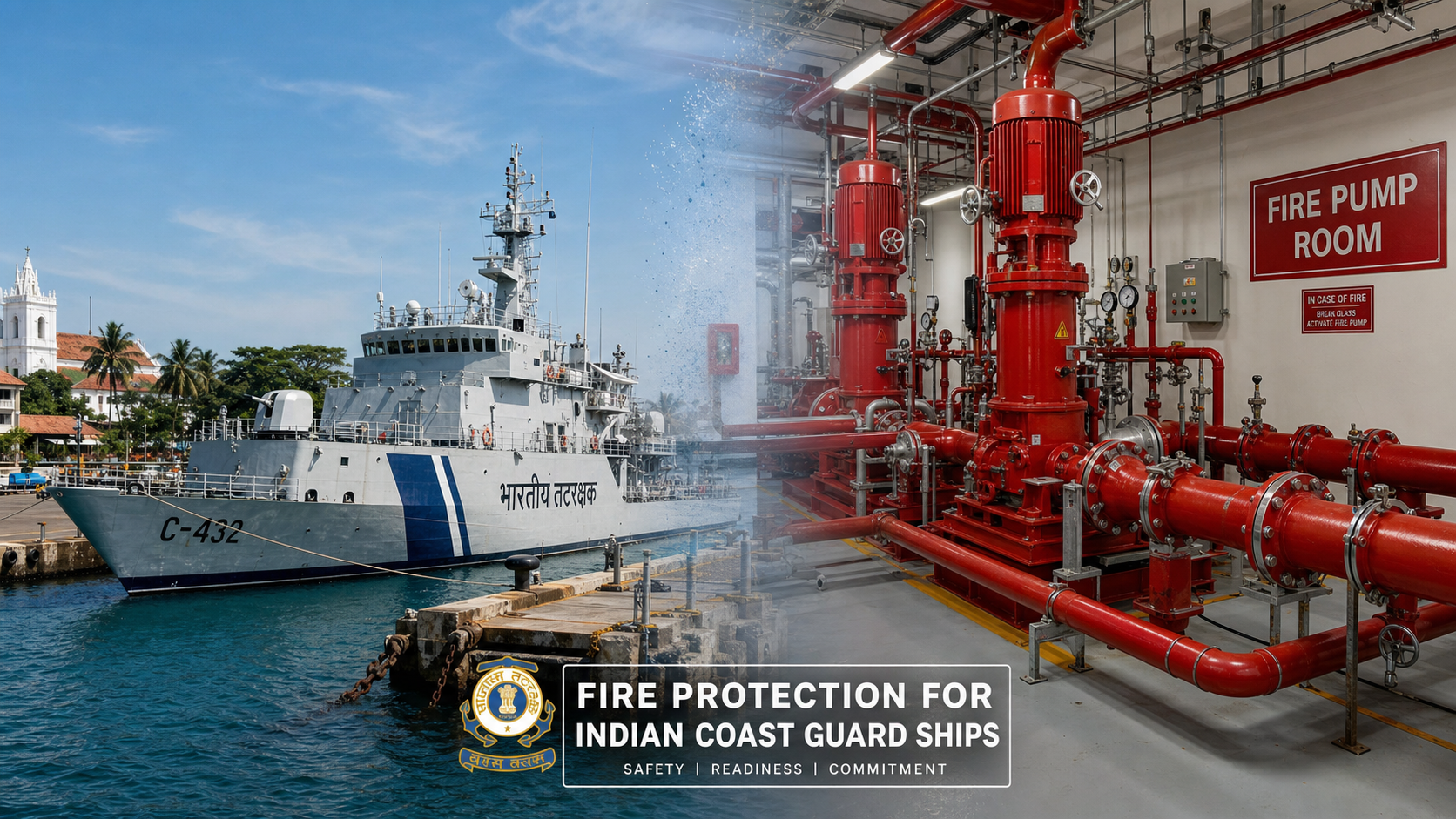 Indian Coast Guard jetty at Fort Kochi with fire pump room and fire protection infrastructure