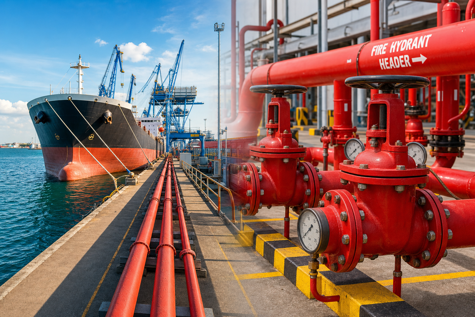 North Jetty ship jetty at Cochin Port with fire hydrant pipelines and cargo ship