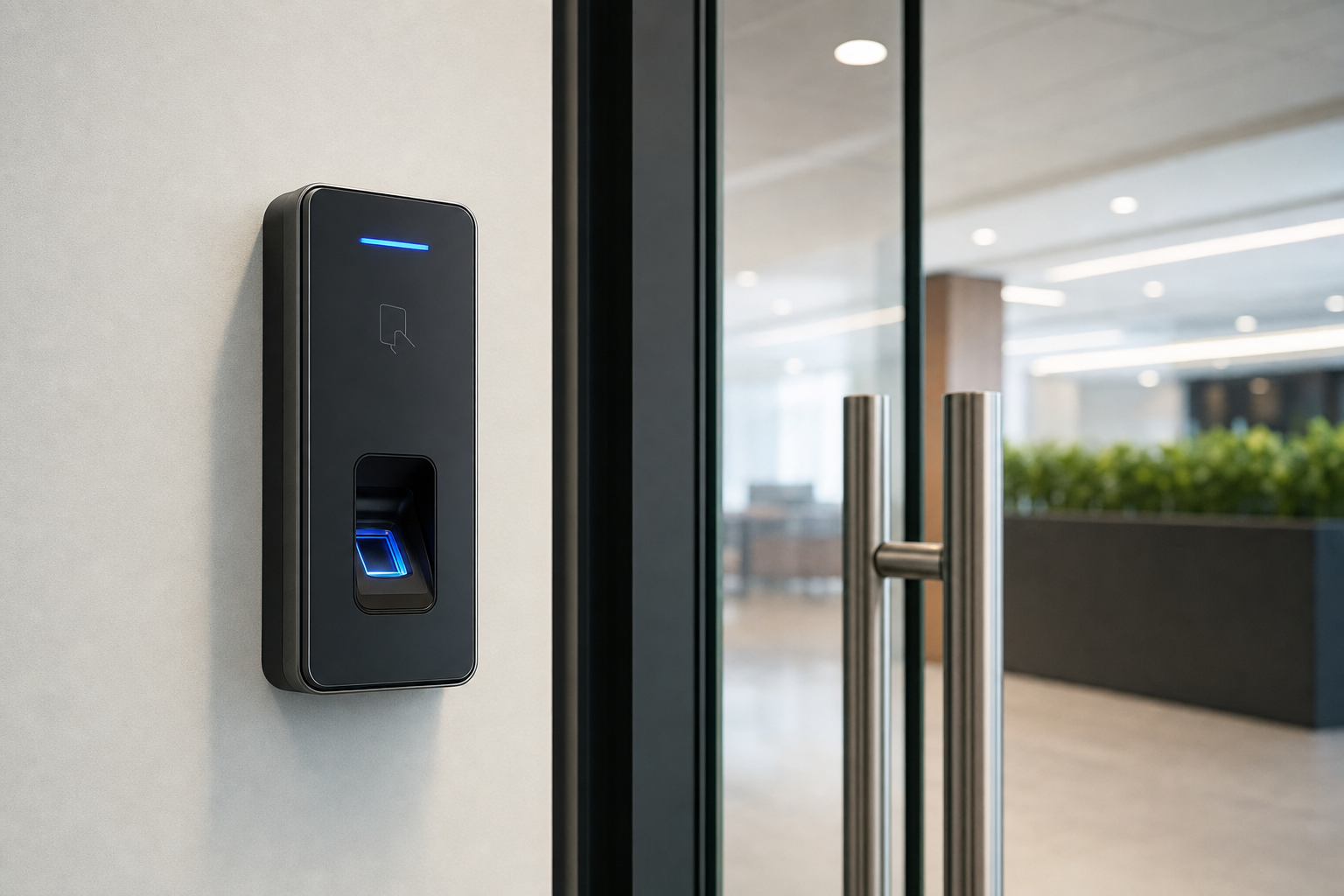 Biometric access control reader mounted beside a glass office door