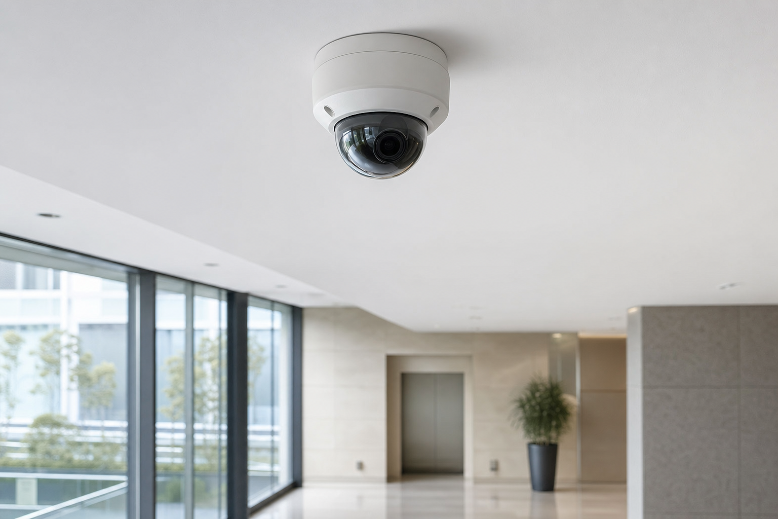 Modern CCTV security dome camera mounted on ceiling