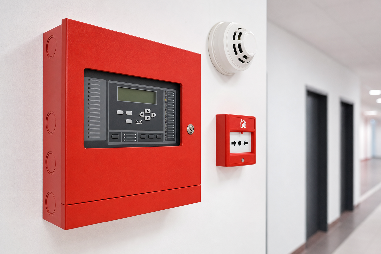 Fire alarm control panel with smoke detector and manual call point