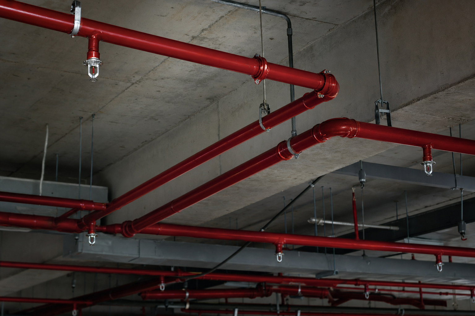 Red fire sprinkler pipes and hydrant system installation